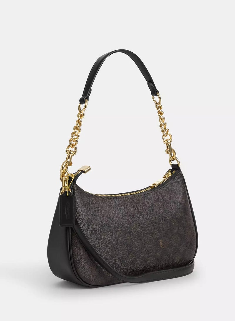 كوتش اوت ليت حقيبة كتف نسائية من Coach Teri مصنوعة من قماش مميز، حقيبة يد نسائية، حقيبة هوبو نسائية، حقيبة توت نسائية، حقيبة سفر نسائية، لون الجوز الأسود 24 سم - Image 4